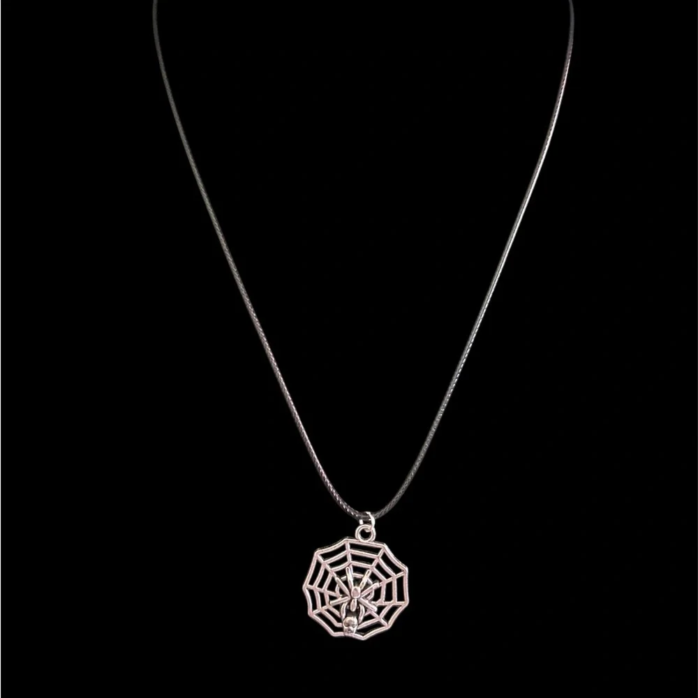 Spider Web Skull Pendant Necklace Gothic Aesthetic Black Cord Jewelry Unisex